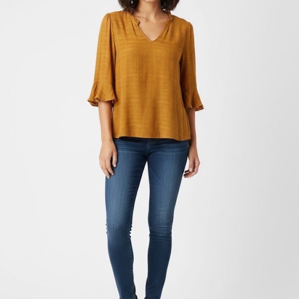 Anthropologie Dolan Collection Mustard Yellow Textured Ruffle Neck 3/4 Sleeve L‎